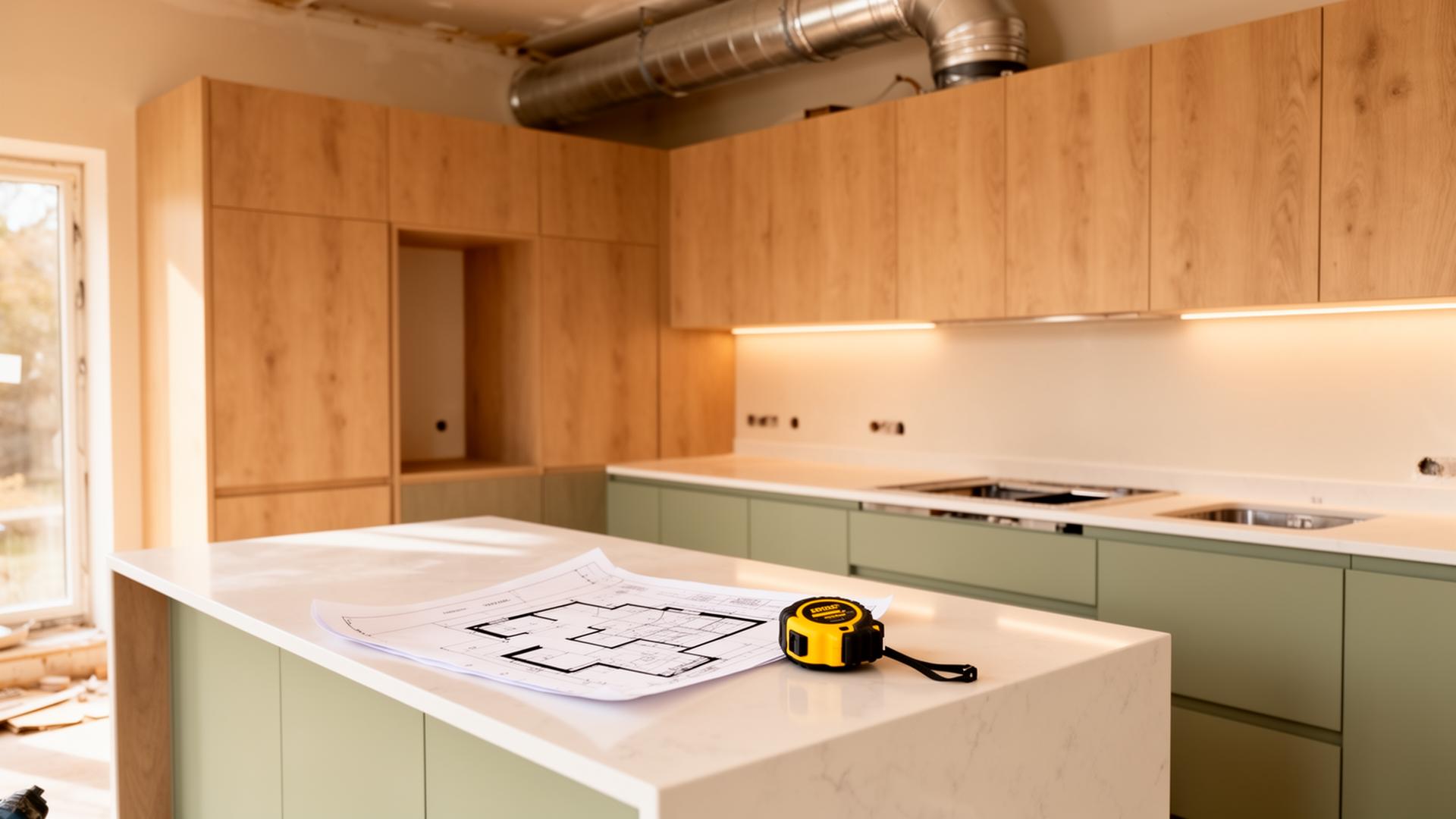 Modernt kök under renovering med ritning, måttband och synlig ventilation